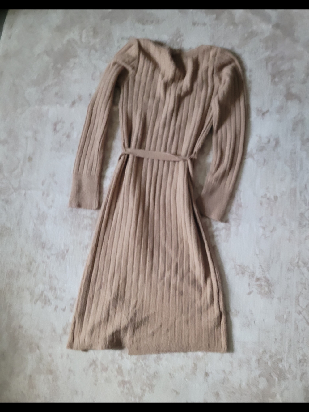 Abercrombie & Fitch Ribbed Long Sleeve Belted Dress in Light Tan